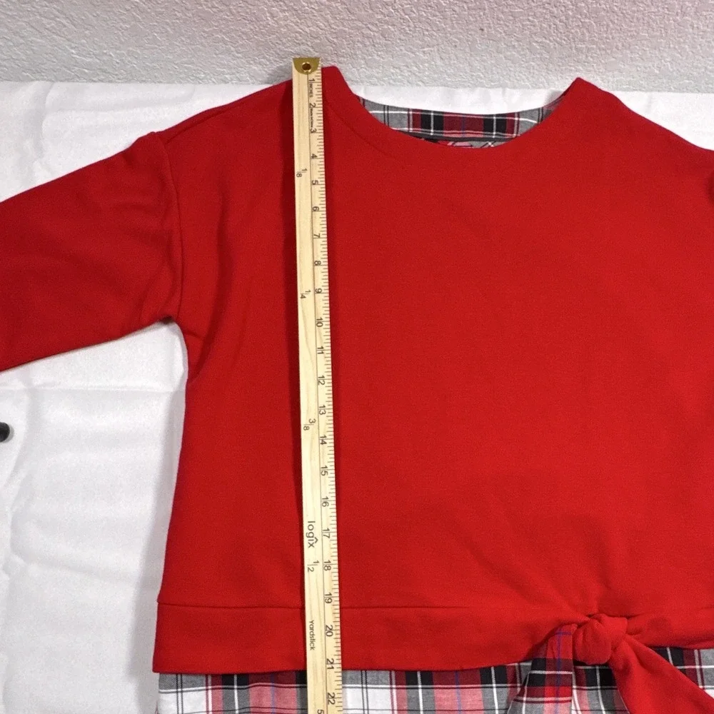 IZOD Women's One Size Red Fleece Plaid Lounge Set Long Sleeve Tie Bow